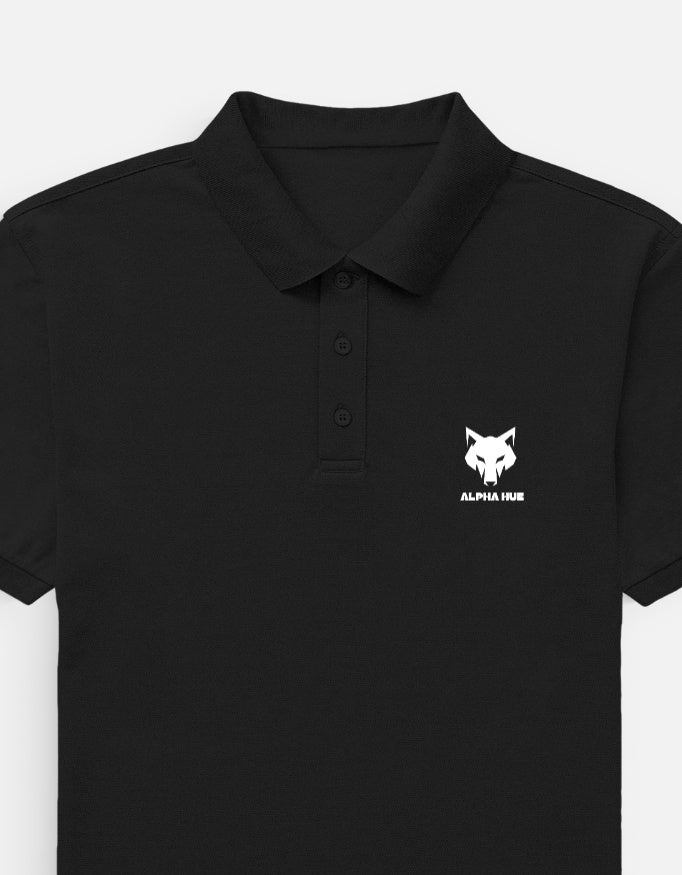 Alpha Hue black men's polo t-shirt with button-up collar and white wolf logo on chest