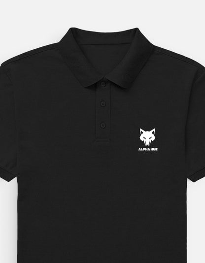Alpha Hue black men's polo t-shirt with button-up collar and white wolf logo on chest