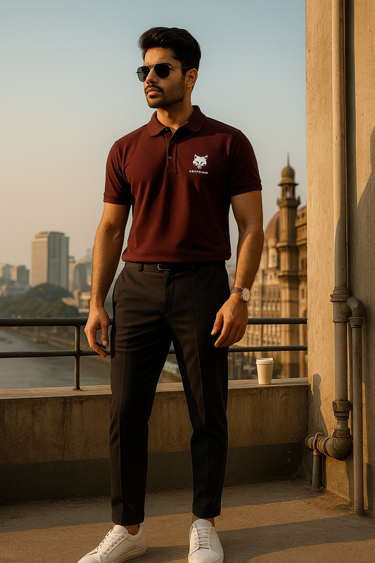 Alpha Hue men's polo t-shirt in maroon worn by a man with black pants and sunglasses outdoors