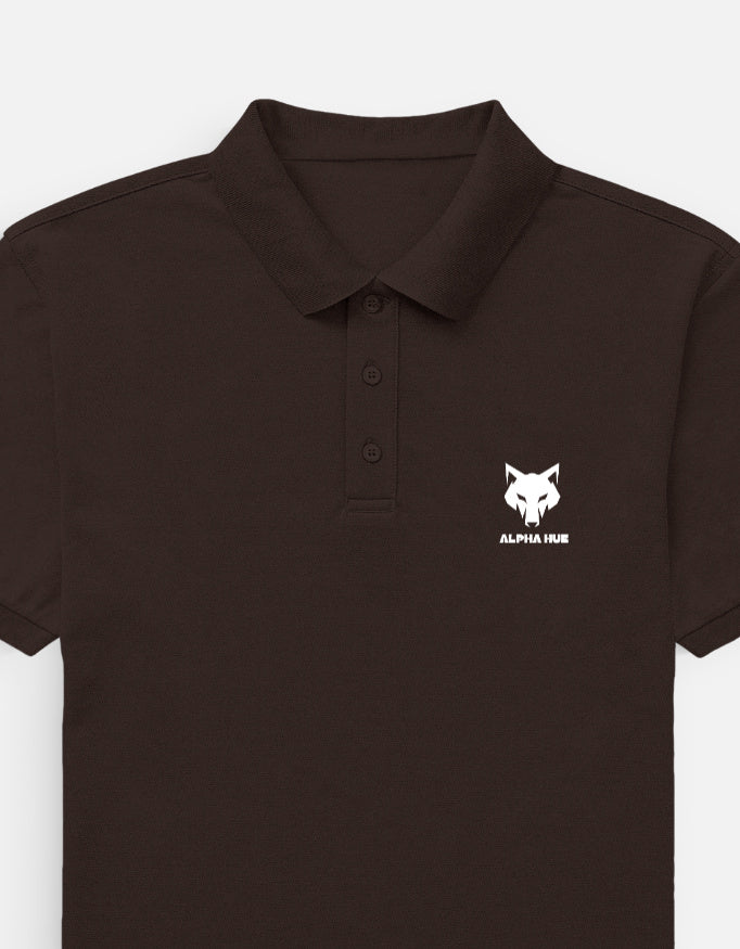 Alpha Hue black men's polo t-shirt with collar and button placket featuring wolf logo on chest