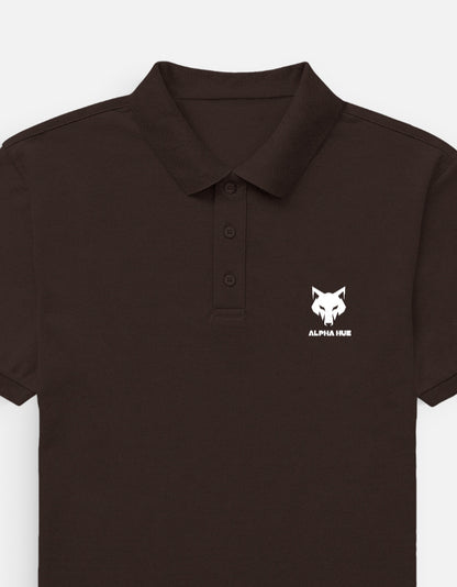Alpha Hue black men's polo t-shirt with collar and button placket featuring wolf logo on chest