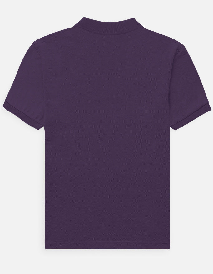 Back view of ALPHA HUE men's polo t-shirt in deep purple with short sleeves and classic collar