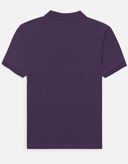 Back view of ALPHA HUE men's polo t-shirt in deep purple with short sleeves and classic collar