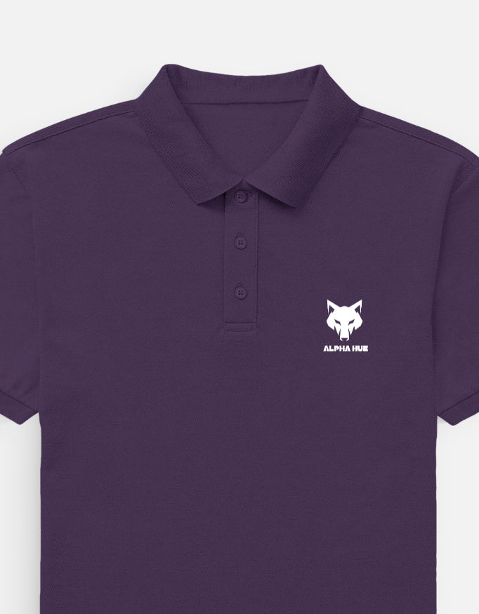 Alpha Hue men's polo t-shirt in purple with collar and button placket featuring wolf logo