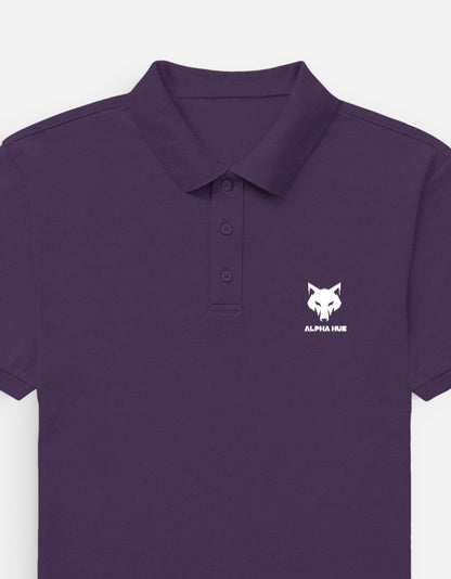 Alpha Hue men's polo t-shirt in purple with collar and button placket featuring wolf logo