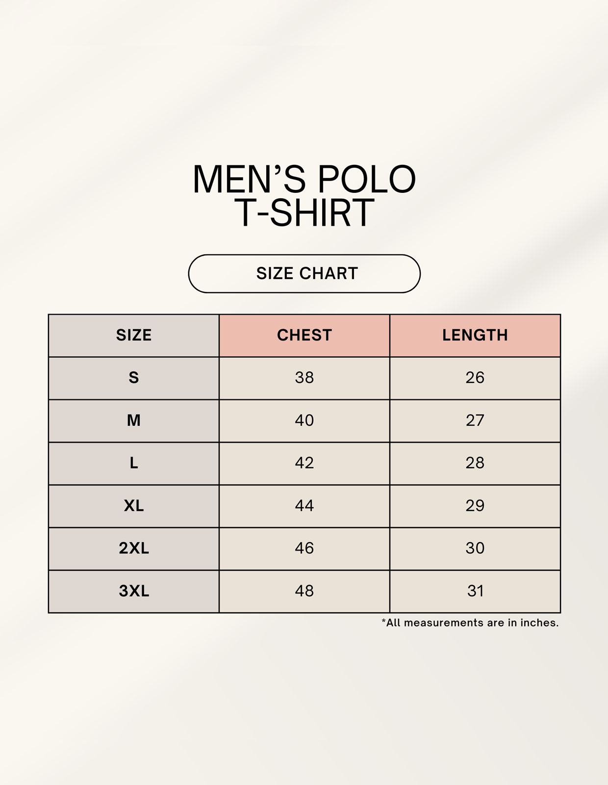 Size chart for men's polo t-shirt by Alpha Hue showing chest and length measurements in inches