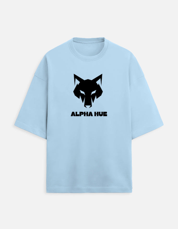 Alpha Hue light blue oversized terry t-shirt for men with black wolf graphic and logo on front