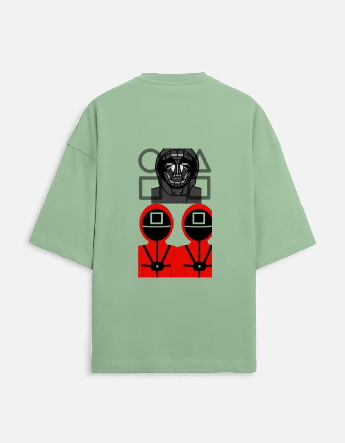Alpha hue oversized terry t-shirt for men in sage green with Squid Game character graphic on back