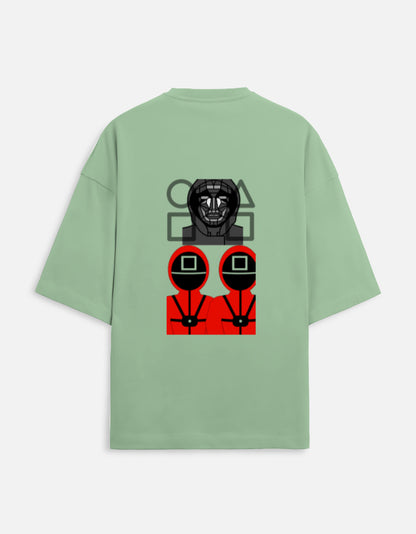 Alpha hue oversized terry t-shirt for men in sage green with Squid Game character graphic on back