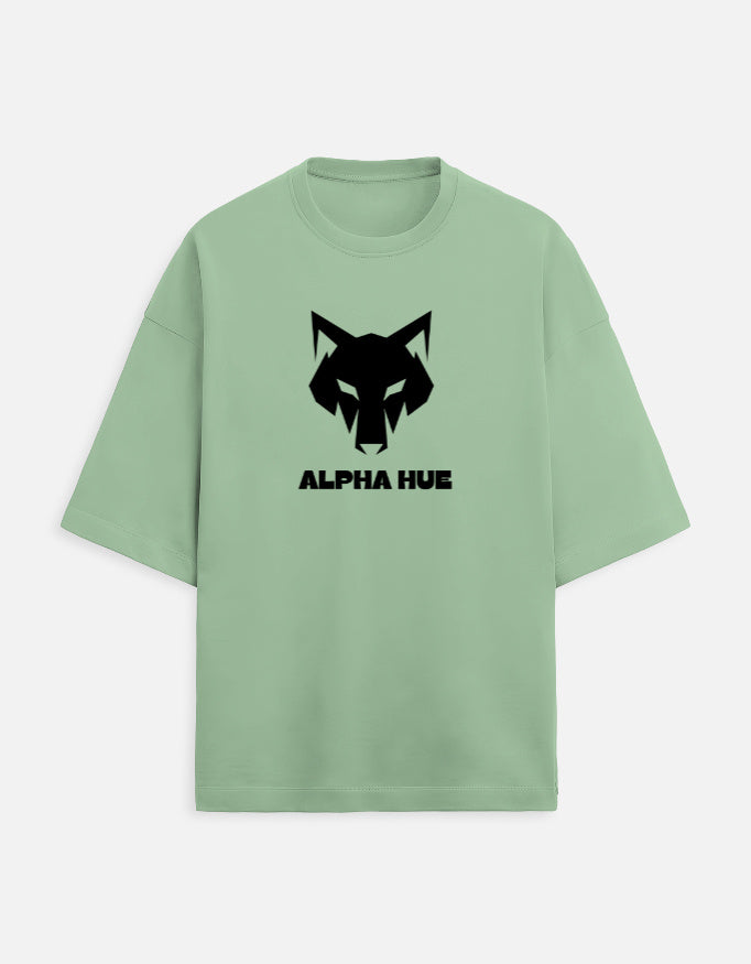 Alpha Hue men oversized terry t-shirt for men in sage green with black wolf logo print