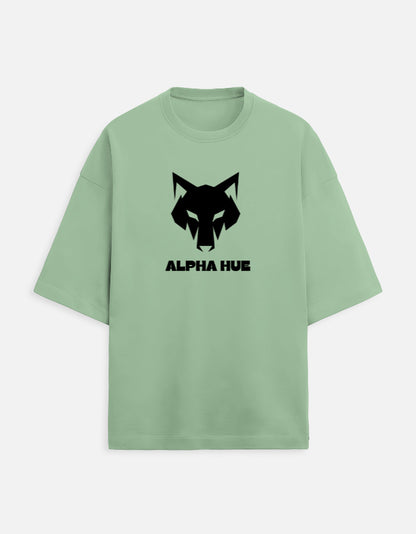 Alpha Hue men oversized terry t-shirt for men in sage green with black wolf logo print