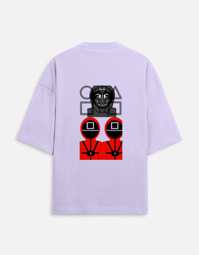 alpha hue oversized terry t-shirt for men in lavender with Squid Game inspired graphic on back
