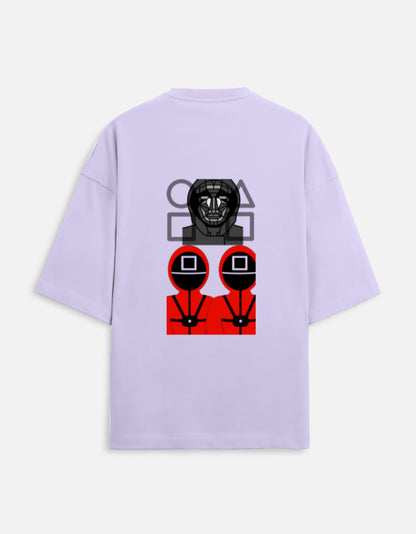 alpha hue oversized terry t-shirt for men in lavender with Squid Game inspired graphic on back
