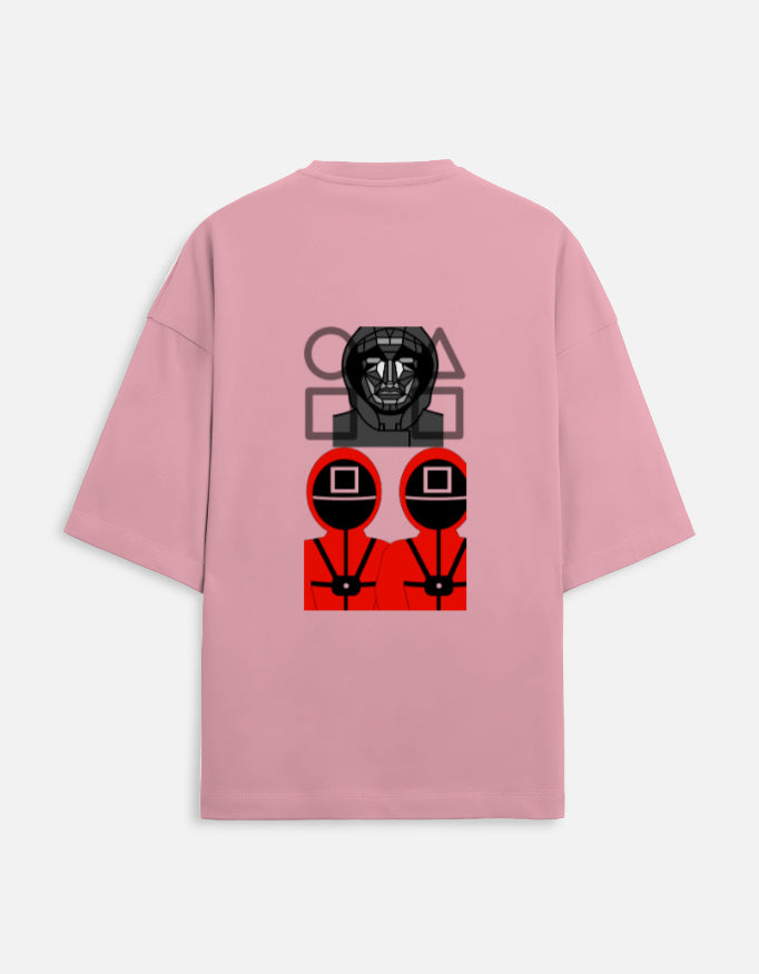 Alpha Hue pink oversized terry t-shirt for men with graphic Squid Game design on back