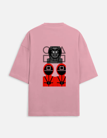 Alpha Hue pink oversized terry t-shirt for men with graphic Squid Game design on back