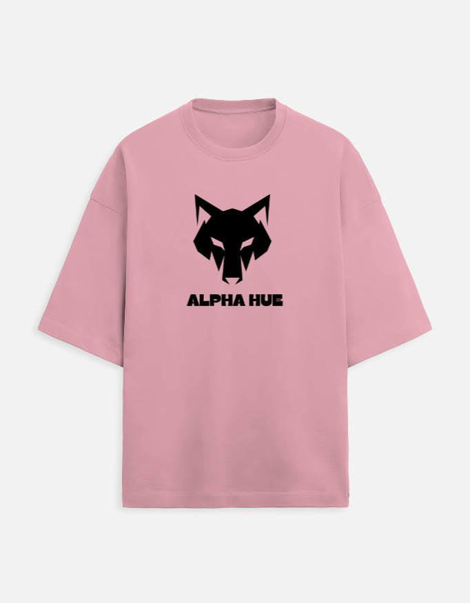 Alpha Hue pink oversized terry t-shirt for men with black wolf logo on front