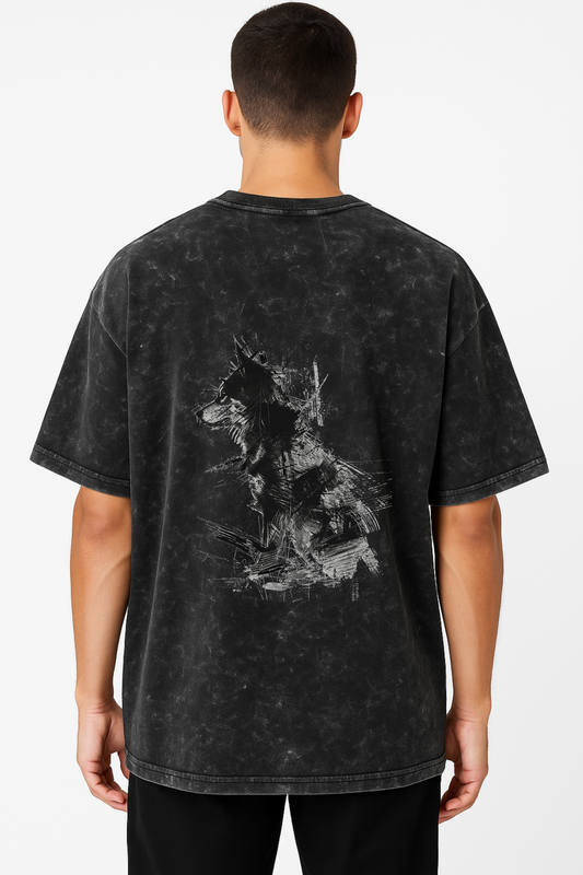 Men acid washed oversized tee by alpha hue featuring vintage style graphic tee for men with black distressed look and dog sketch design