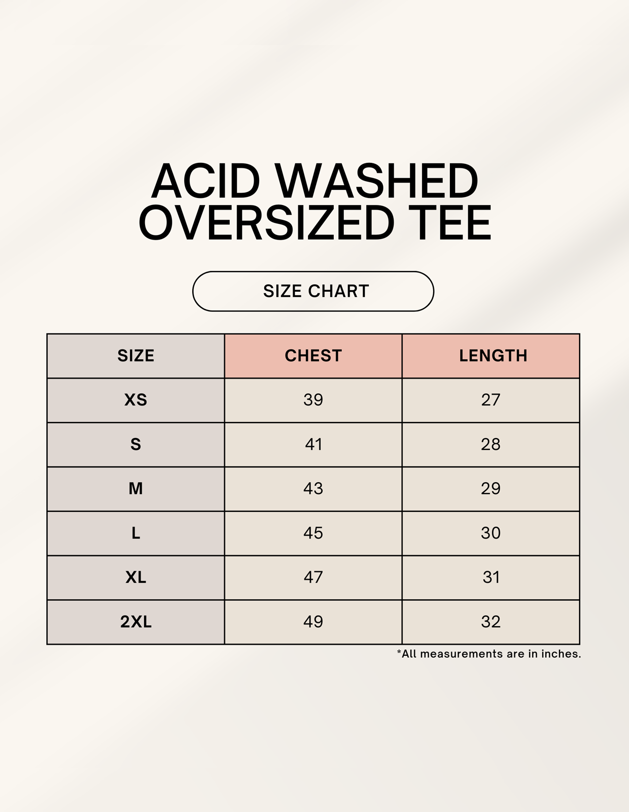 Size chart for alpha hue men acid washed oversized tee with chest and length measurements