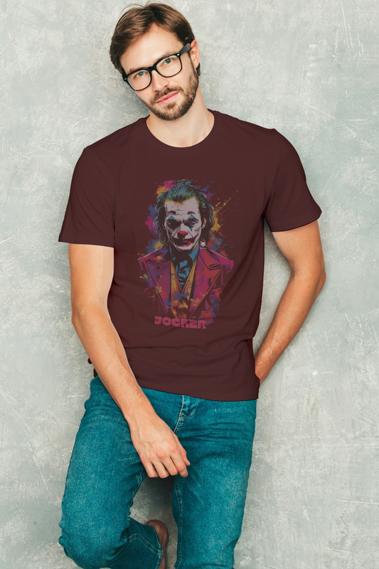 Alpha hue Supima cotton t-shirt for men in burgundy with colorful Joker graphic and short sleeves