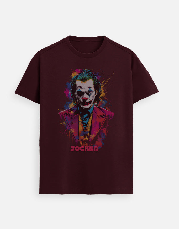 Men Supima cotton t-shirt for men in maroon with colorful Joker graphic print