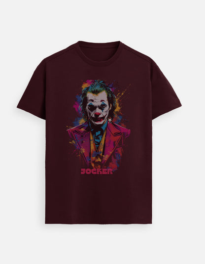 Men Supima cotton t-shirt for men in maroon with colorful Joker graphic print