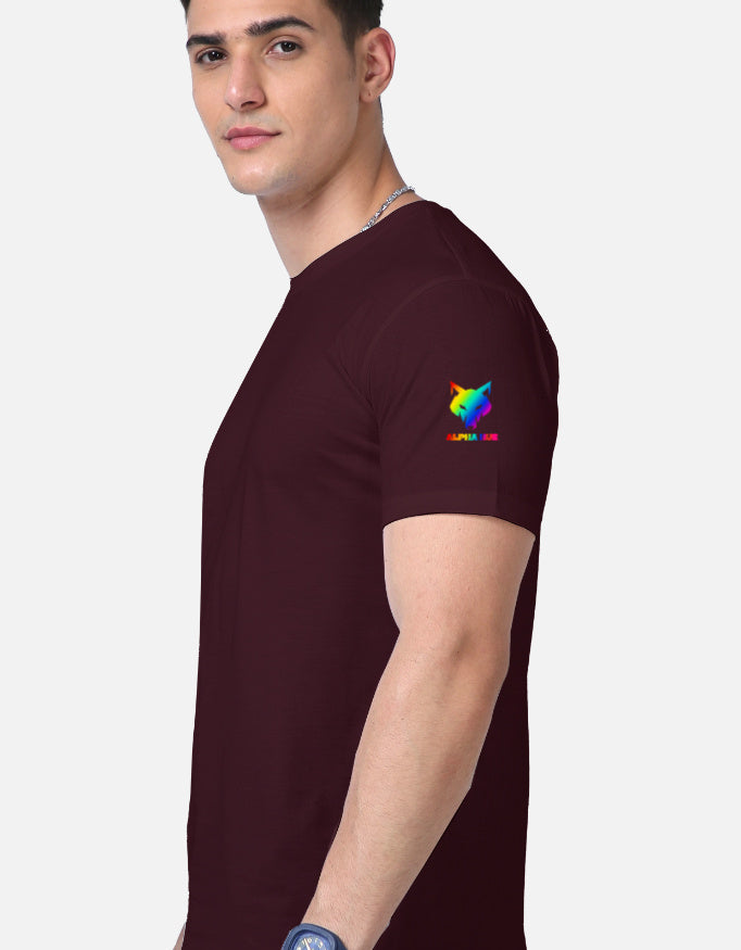 Alpha hue maroon Supima cotton t-shirt for men with a colorful logo on the sleeve