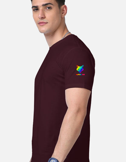 Alpha hue maroon Supima cotton t-shirt for men with a colorful logo on the sleeve
