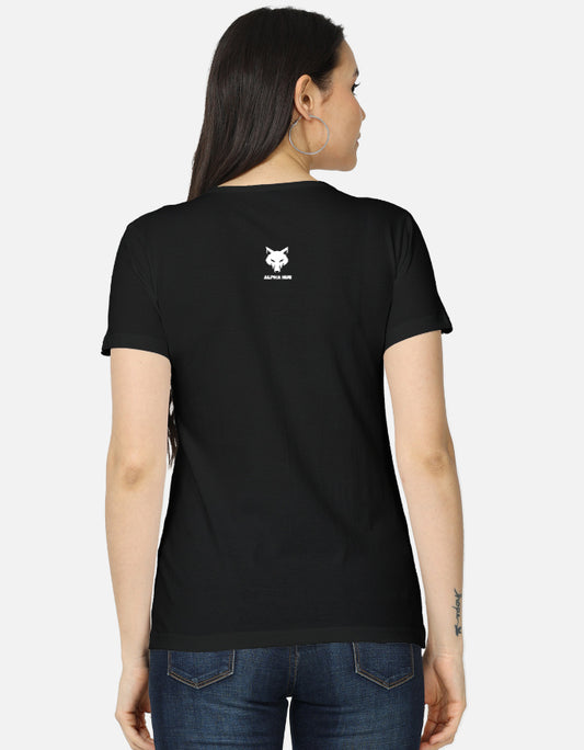 Back view of alpha hue women's graphic t-shirt in black with short sleeves and logo on upper back