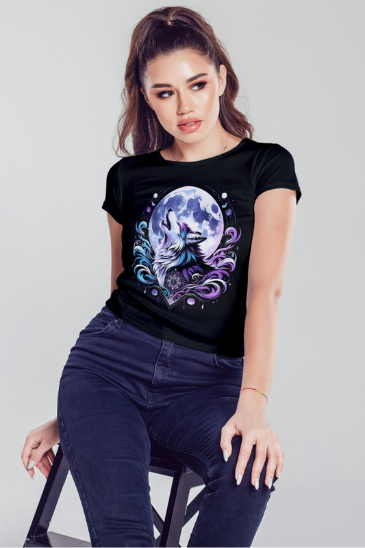 Black women's graphic t-shirt by alpha hue featuring a colorful wolf and moon design