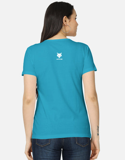 Alpha Hue women's graphic t-shirt in blue with classic fit worn by model from back