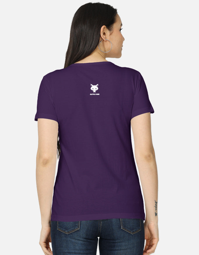 Alpha Hue women's graphic t-shirt in purple classic fit shown from the back