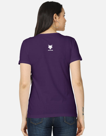 Alpha Hue women's graphic t-shirt in purple classic fit shown from the back