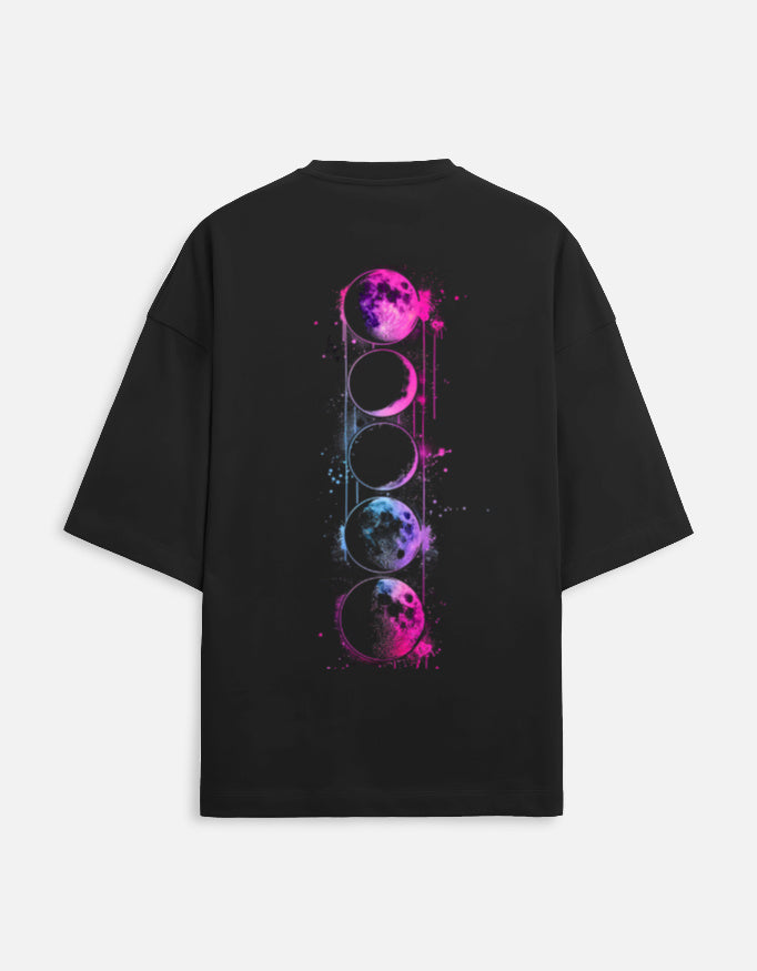 Alpha Hue men's oversized terry tee in black with colorful moon phase graphic on the back