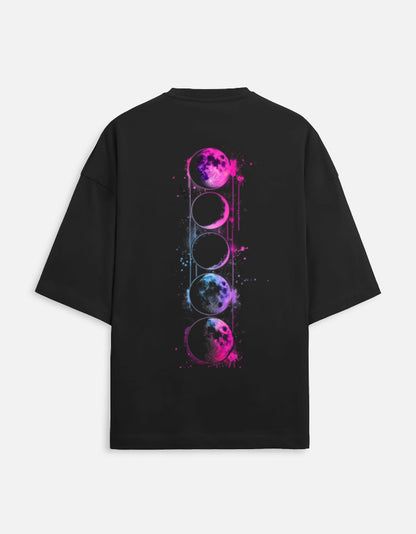 Alpha Hue men's oversized terry tee in black with colorful moon phase graphic on the back