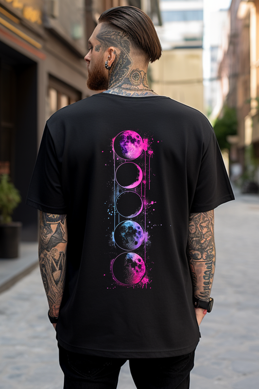 Alpha hue men's oversized terry tee in black with colorful moon phase graphic on back