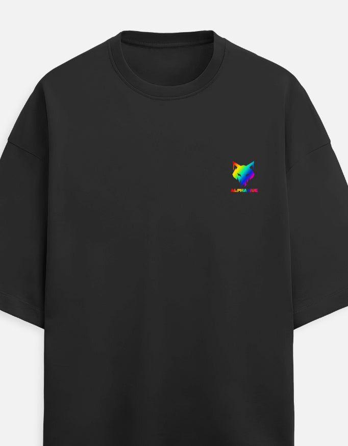 Alpha hue black men's oversized terry tee with small colorful logo on front chest