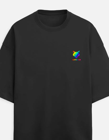 Alpha hue black men's oversized terry tee with small colorful logo on front chest