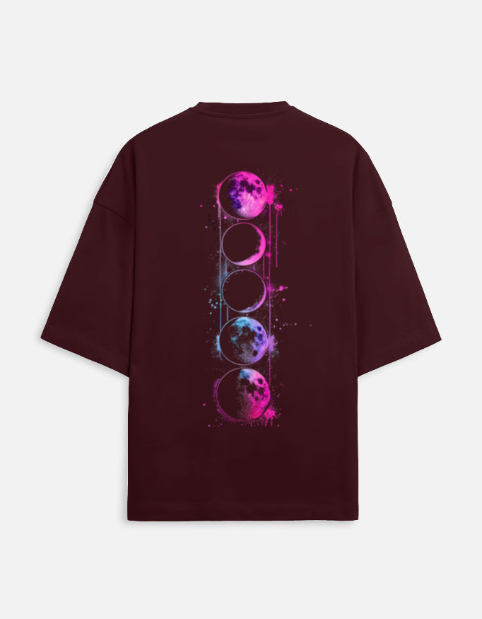 alpha hue men's oversized terry tee in maroon with colorful phases of the moon graphic on the back