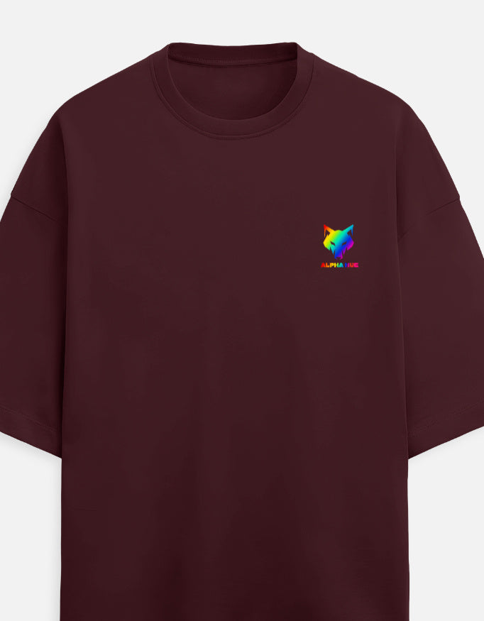 Alpha Hue men's oversized terry tee in burgundy with small colorful logo on chest