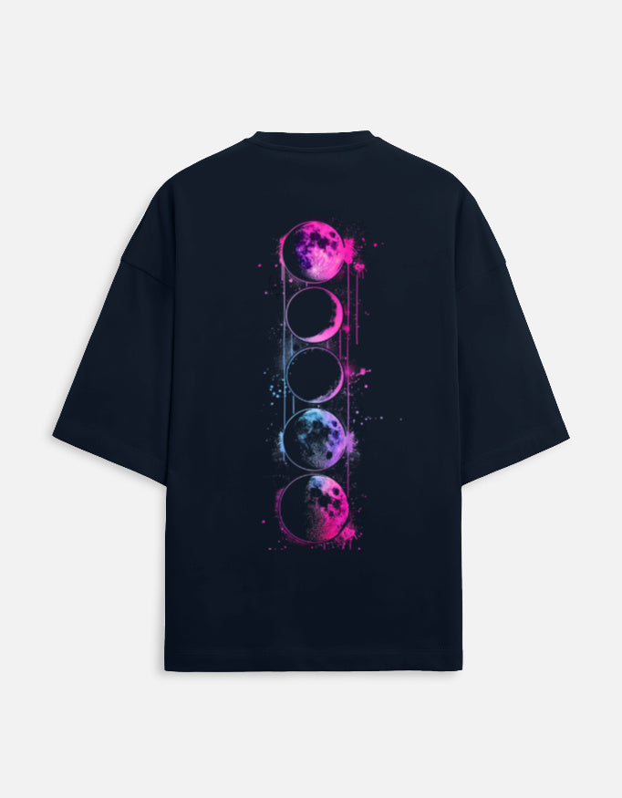 Alpha Hue men's oversized terry tee in black with colorful moon phase graphic on back