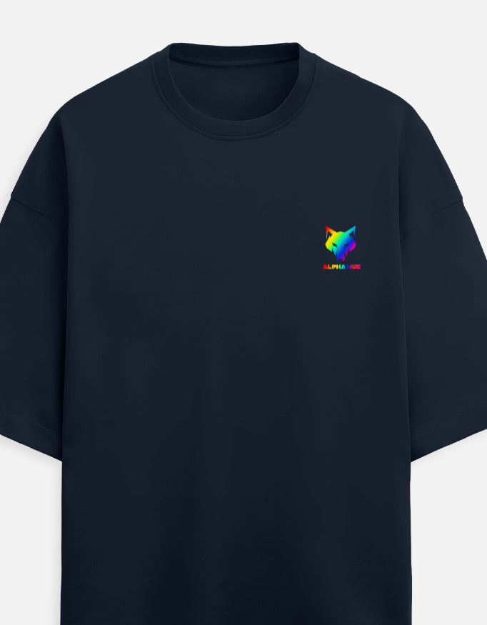 Alpha hue black men's oversized terry tee with colorful logo on chest pocket area