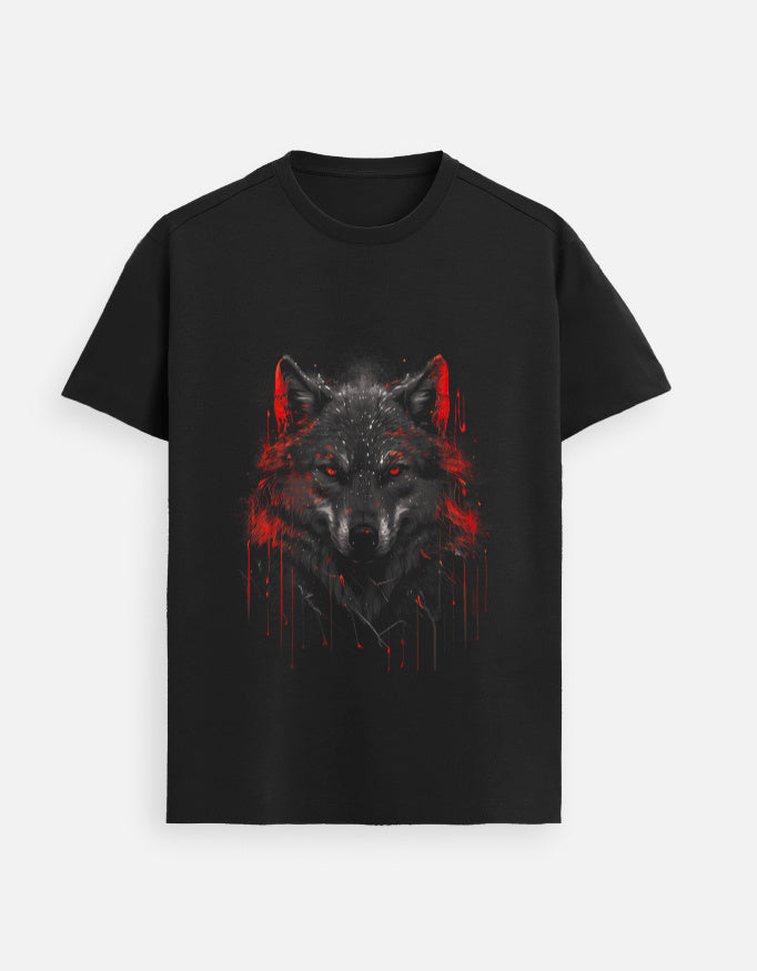 Alpha Hue black men's Supima cotton t-shirt with red and black wolf graphic on front