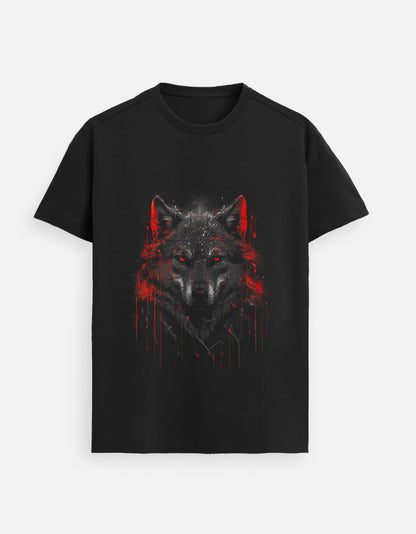 Alpha Hue black men's Supima cotton t-shirt with red and black wolf graphic on front