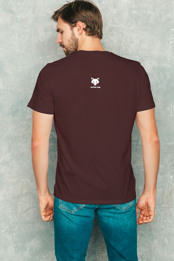 Back view of man wearing a burgundy men's Supima cotton t-shirt by alpha hue with small logo on upper back