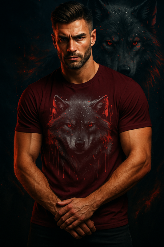 Men's Supima cotton t-shirt by alpha hue featuring a dark wolf graphic on a burgundy unisex Supima t-shirt