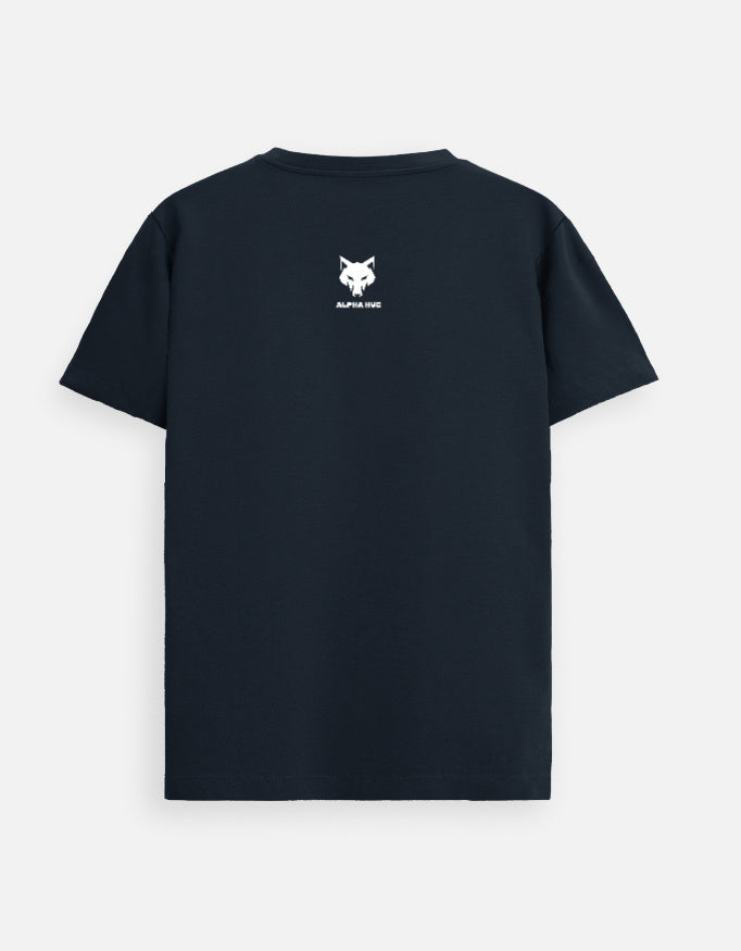 Alpha Hue black men's Supima cotton t-shirt with white logo on back center