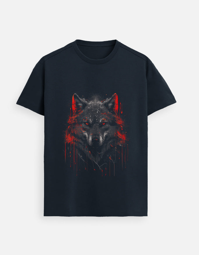 Alpha Hue men's Supima cotton t-shirt in black with a red and gray wolf graphic design
