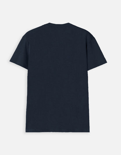 Back view of alpha hue men's v neck bull run t shirt in solid navy blue cotton fabric