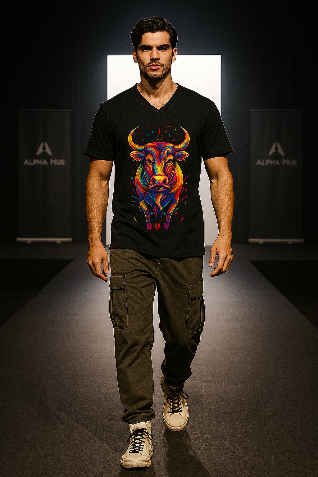 Men's v neck bull run t shirt by alpha hue featuring colorful bull graphic on black fabric