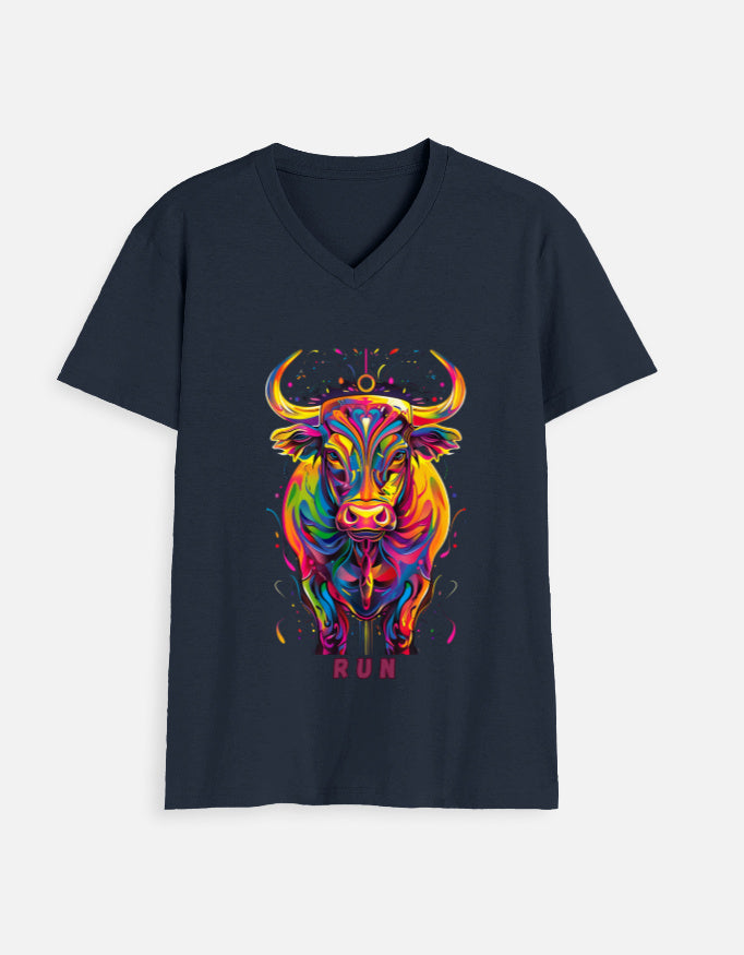 Alpha hue men's v neck bull run t shirt with colorful bull graphic on navy fabric